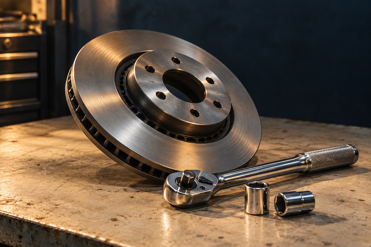 Illustrative steel brake rotor, ratchet and sockets in warm directional light
